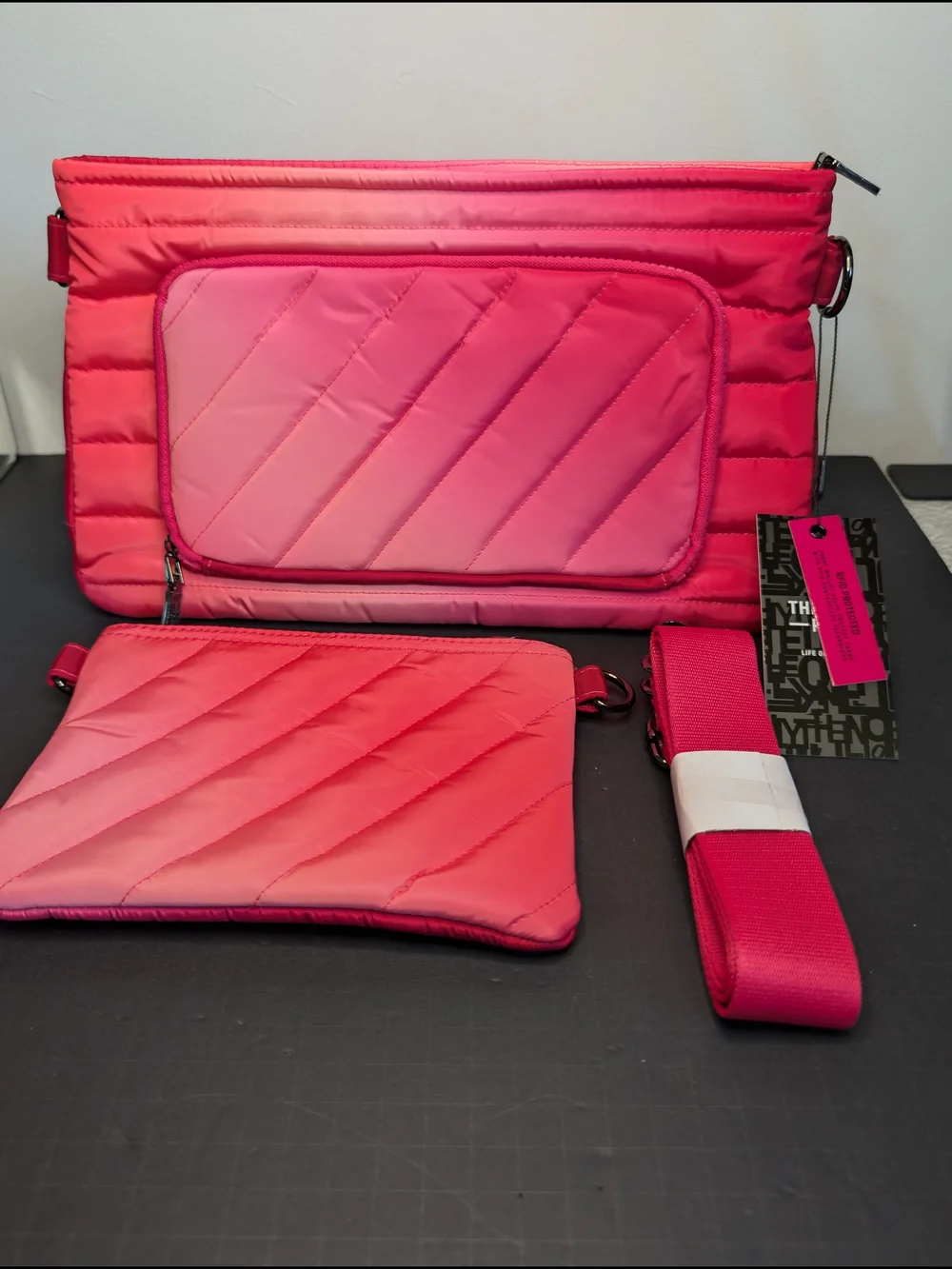 THINK ROYLN Pink Ombre Quilted Crossbody Bag Zip Silver Hardware Strap & Pouch